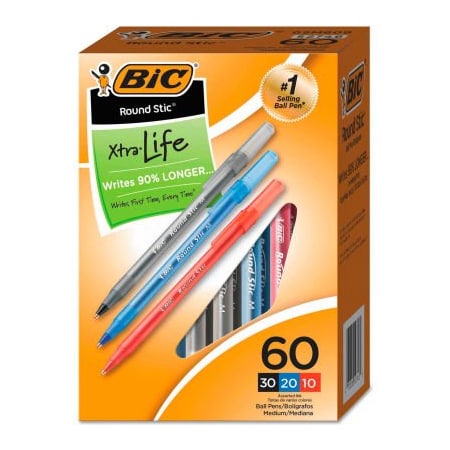 Bic BIC Round Stic Xtra Precision Stick Ballpoint Pen, 1mm, Assorted Ink/Barrel, 60/Pack GSM609AST